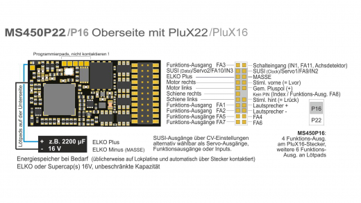 Zimo MS450P22, MS-Sound-Decoder MS450P22 mit 16-bit Sound der Firma ZIMO mit 16 V Energiespeicheranschluss