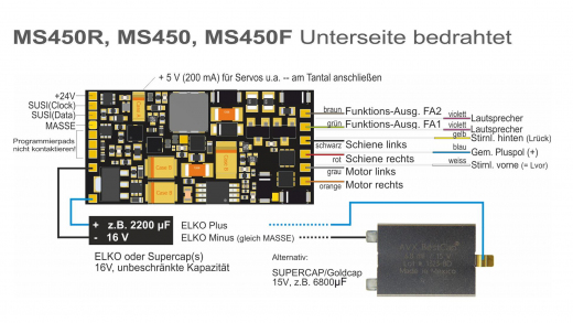Zimo MS450, 16-bit Sound der Firma ZIMO mit 16 V Energiespeicheranschluss  und 13 Anschlussdrähten