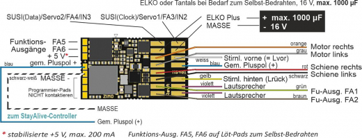 Zimo MS481P16, Kleiner H0/TT Sound-Decoder - 19 x 11 x 3,1 mm - Audio 3 W (4 Ω) - 0,8 A - 6 FA Direkter Anschluss Energiespeicher 15 V (bis 1000 μF)