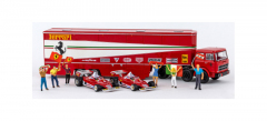 Brekina 58575, Gauge H0 Fiat racing transporter “Ferrari” with 2 Ferrari 312T2 and 6 Tifosi