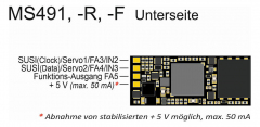 Zimo MS491, Bedrahtete Variante mit 5 Fu-Ausgängen:  12 Anschlussdrähte (2 x Schiene, 2 x Motor, Gem. Plus, MASSE, 4 FA, 2 x Lautsprecher)