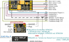 Zimo MS491, Bedrahtete Variante mit 5 Fu-Ausgängen:  12 Anschlussdrähte (2 x Schiene, 2 x Motor, Gem. Plus, MASSE, 4 FA, 2 x Lautsprecher)