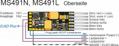 Zimo MS491, Bedrahtete Variante mit 5 Fu-Ausgängen:  12 Anschlussdrähte (2 x Schiene, 2 x Motor, Gem. Plus, MASSE, 4 FA, 2 x Lautsprecher)